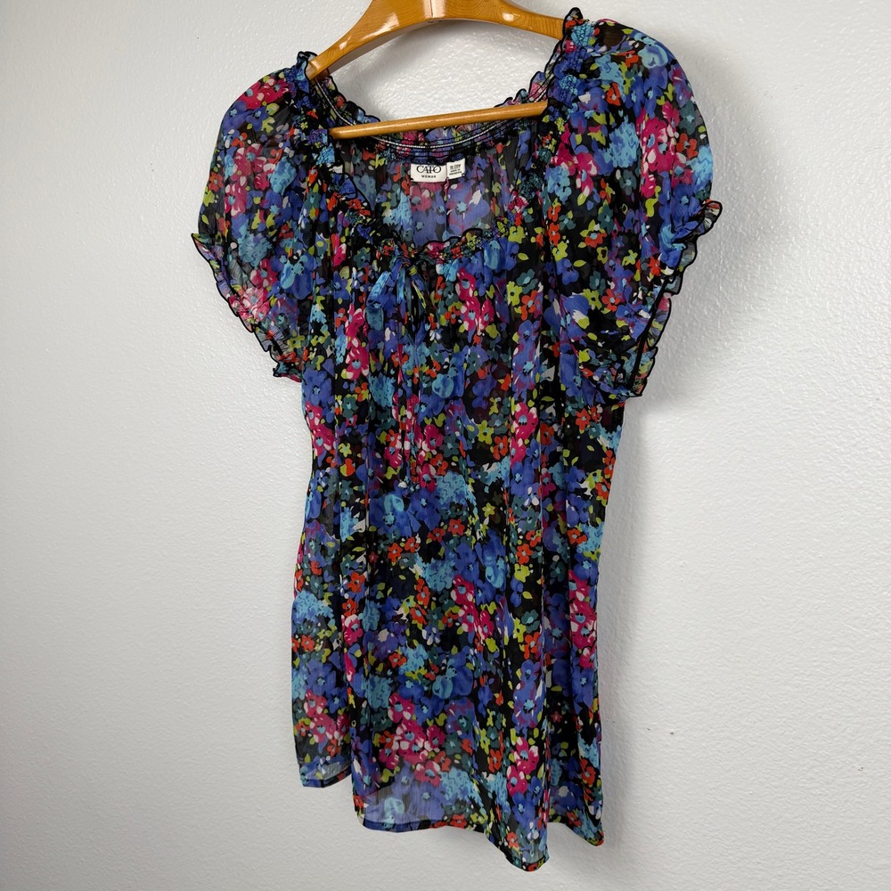 Cato Woman Floral Peasant Top 18/20W Multi Color Sheer Flutter Sleeve Blouse - Picture 3 of 12